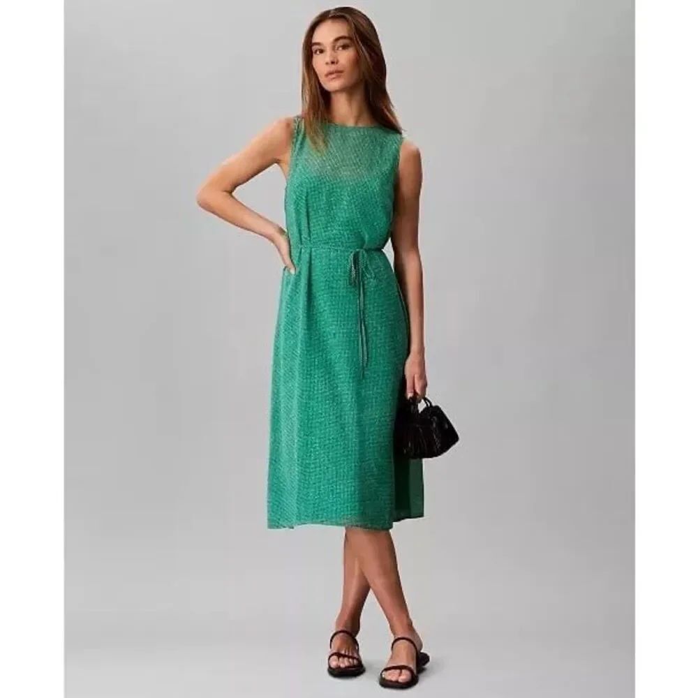 Calvin Klein Sleeveless Printed Chiffon Midi Dress Digital Green Large